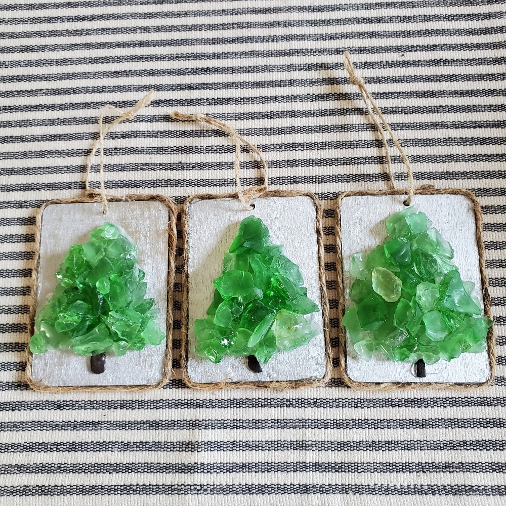 Green Glass on Silver Painted Wood Holiday Tree Ornaments Set of 3, 3.5" x 2.5"